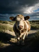 Koe frontaal, de duinen, een enkele lichtbundel als een spotlicht