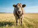Koe frontaal, een goudkleurig stoppelveld, een fris lentemoment