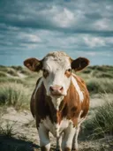 Koe frontaal, de duinen, een zacht bewolkte hemel