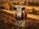 Koe frontaal, een varenhelling, volle herfstkleuren