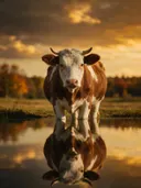 Koe frontaal, de oever, met een spiegeling in het water, volle herfstkleuren