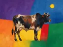 Schilderij van koe in alle kleuren van de regenboog, in vlakke kleurvlakken