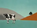 Schilderij van koe in aqua en warm grijs, in vlakke kleurvlakken