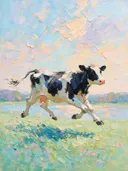 Koe in beweging aan het water, schilderij van koe