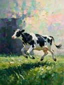 Koe in beweging tegen een muur in de schaduw, schilderij van koe