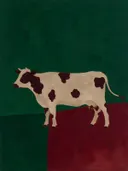 Schilderij van koe in bordeaux en bosgroen, in vlakke kleurvlakken