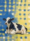Schilderij van koe in citroengeel en kobalt, in vlakke kleurvlakken