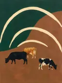 Schilderij van koe in denneblauw en klei, in vlakke kleurvlakken