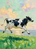 Koe in diep beweging aan het water, schilderij van koe