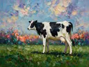 Koe in diep pose in een bloementuin, schilderij van koe