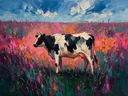 Koe in diep pose tussen de grassen, schilderij van koe