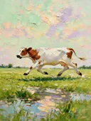 Koe in donker beweging aan het water, schilderij van koe