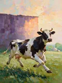Koe in donker beweging tegen een muur in de schaduw, schilderij van koe