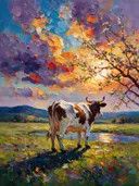Koe in donker het landschap bij bloesem, schilderij van koe