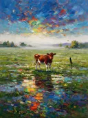 Koe in donker het landschap in de mist, schilderij van koe