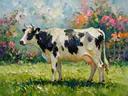 Koe in donker pose in een bloementuin, schilderij van koe