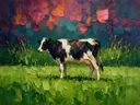 Koe in donker pose tussen de grassen, schilderij van koe