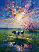Koe in het landschap bij bloesem, schilderij van koe
