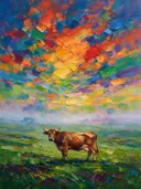 Koe in het landschap in de mist, schilderij van koe