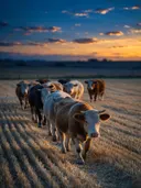 Koe in het veld, een goudkleurig stoppelveld, een blauw-oranje schemering
