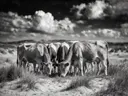 Koe in het veld, de duinen, een dramatische blauwe lucht, zwart-wit