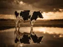 Koe in het veld, de oever, met een spiegeling in het water, een dreigende luchten met een sepia-gloed