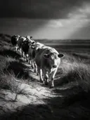 Koe in het veld, de duinen, een enkele lichtbundel als een spotlicht, zwart-wit