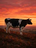 Koe in het veld, een varenhelling, een silhouet tegen een vurige zonsondergang