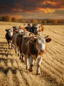 Koe in het veld, een goudkleurig stoppelveld, volle herfstkleuren