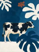 Schilderij van koe in kalkwit en zeeblauw, in vlakke kleurvlakken