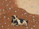 Schilderij van koe in kaneel en duifgrijs, in vlakke kleurvlakken