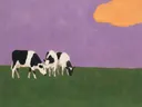 Schilderij van koe in lila en mosgroen, in vlakke kleurvlakken