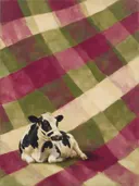 Schilderij van koe in magenta en olijfgroen, in vlakke kleurvlakken