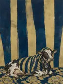 Schilderij van koe in nachtblauw en goud, in vlakke kleurvlakken