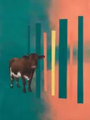 Schilderij van koe in petrol en koraal, in vlakke kleurvlakken