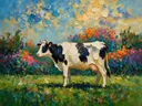 Koe in pose in een bloementuin, schilderij van koe