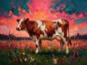 Koe in pose tussen de grassen, schilderij van koe