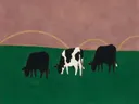 Schilderij van koe in smaragd en oud roze, in vlakke kleurvlakken