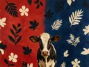 Schilderij van koe in vermiljoen en indigo, in vlakke kleurvlakken