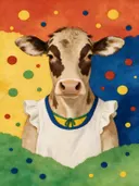 Schilderij van koe in vier heldere kleuren naast elkaar, in vlakke kleurvlakken