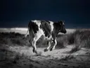 Koe in volle actie, de duinen, de laatste gloed vlak voor de nacht, zwart-wit