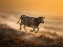 Koe in volle actie, een varenhelling, de ochtendmist