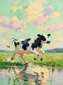 Koe in warm beweging aan het water, schilderij van koe