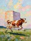 Koe in warm beweging tegen een muur in de schaduw, schilderij van koe
