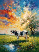 Koe in warm het landschap bij bloesem, schilderij van koe