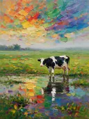 Koe in warm het landschap in de mist, schilderij van koe