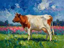 Koe in warm pose in een bloementuin, schilderij van koe