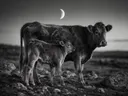 Koe met jong, een rotsachtig hoogland, het blauwe uur met een maansikkel, zwart-wit