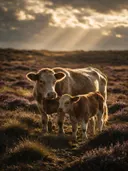 Koe met jong, een wilde heide, lichtbundels door de wolken