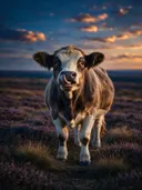 Koe met tong uit, een wilde heide, een blauw-oranje schemering